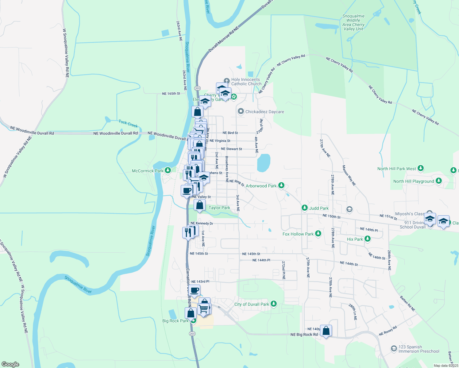 map of restaurants, bars, coffee shops, grocery stores, and more near 26709 Northeast Ring Street in Duvall