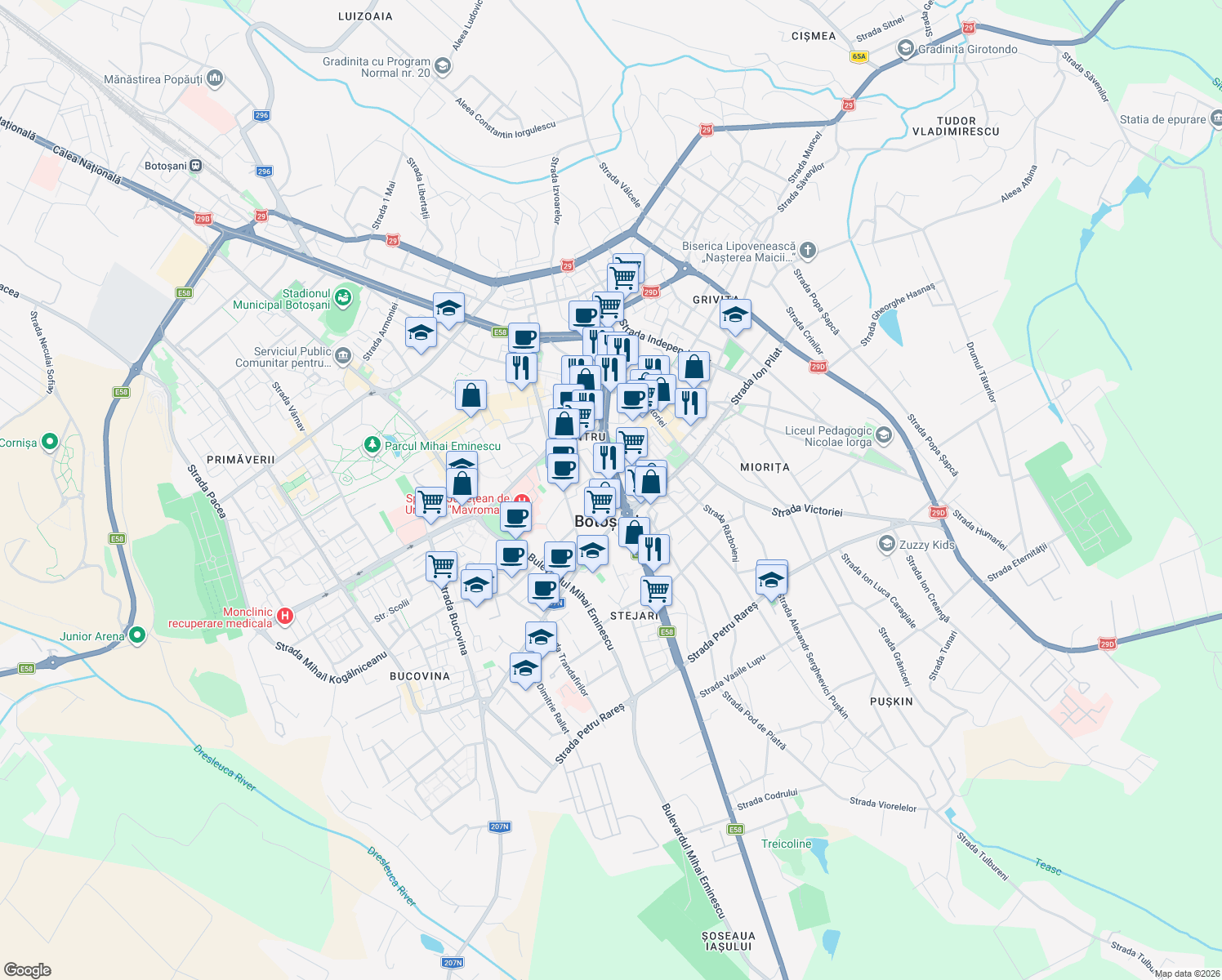 map of restaurants, bars, coffee shops, grocery stores, and more near 17 Strada Teatrului in Botoșani