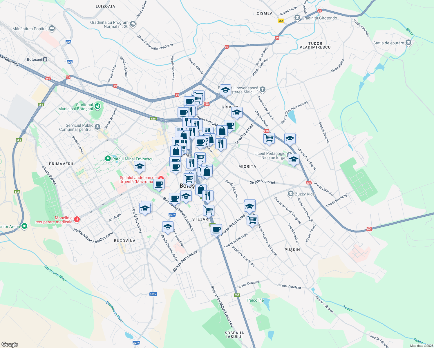 map of restaurants, bars, coffee shops, grocery stores, and more near in Botoșani