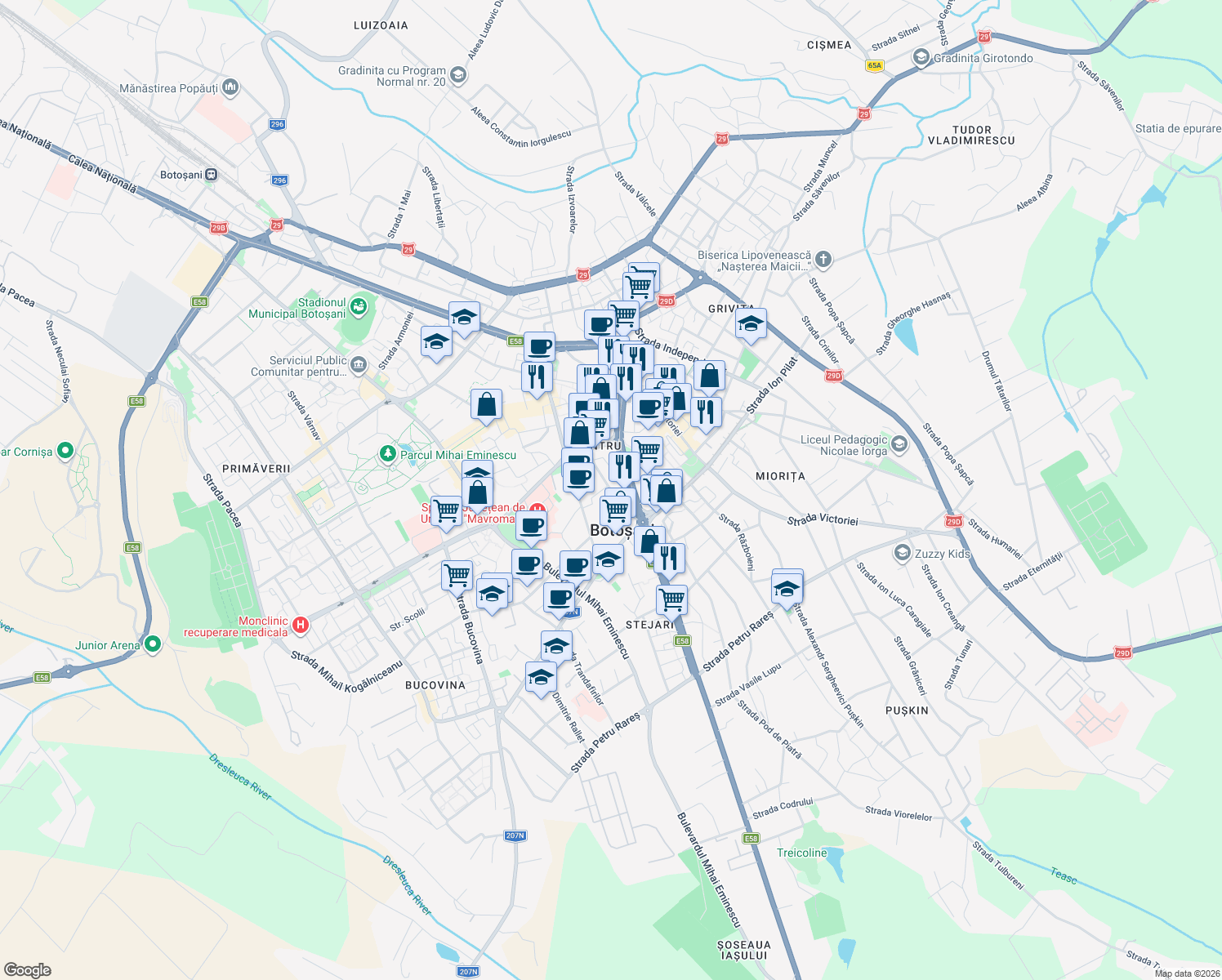 map of restaurants, bars, coffee shops, grocery stores, and more near 17 Strada Teatrului in Botoșani