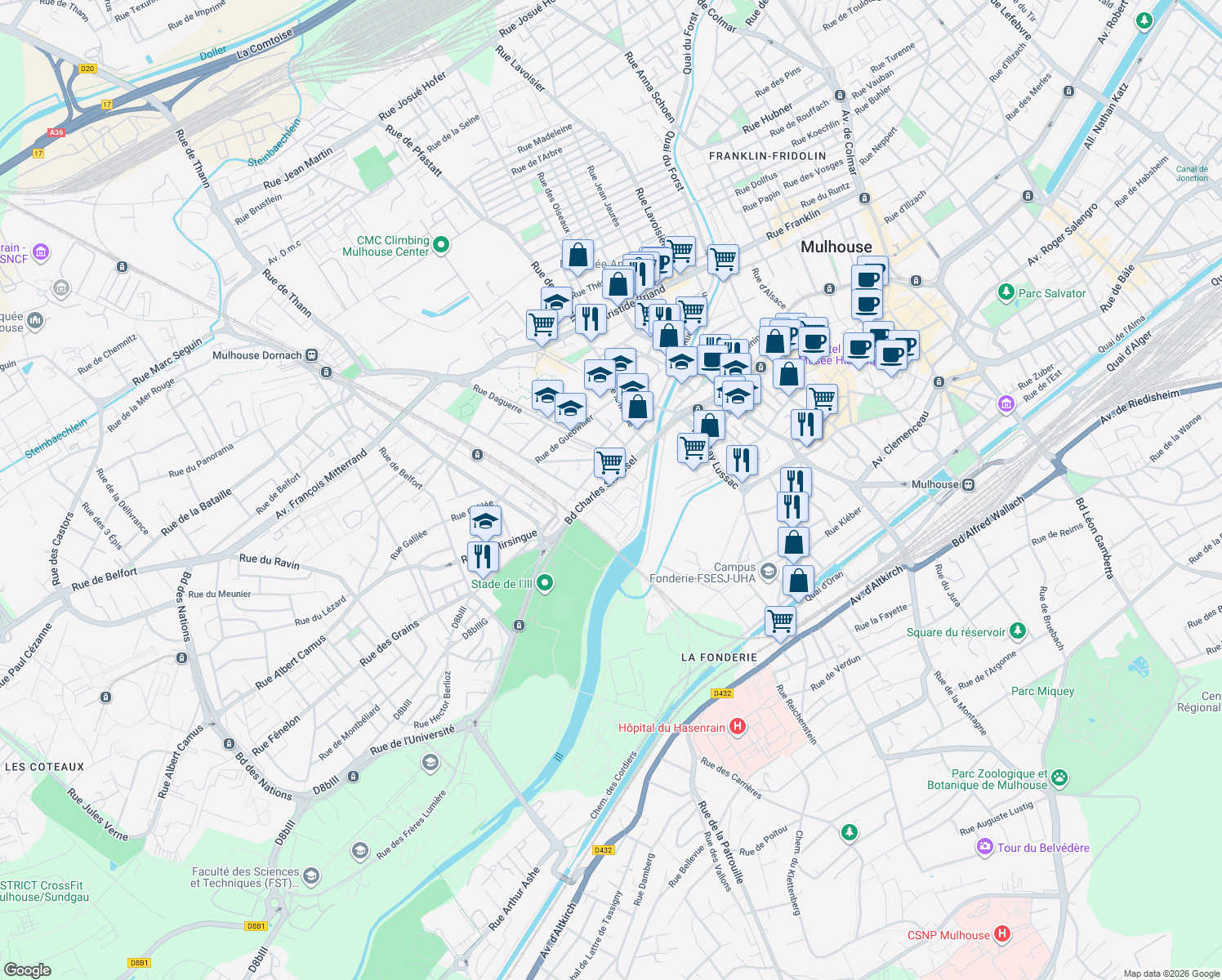 map of restaurants, bars, coffee shops, grocery stores, and more near Boulevard Charles Stoessel in Mulhouse