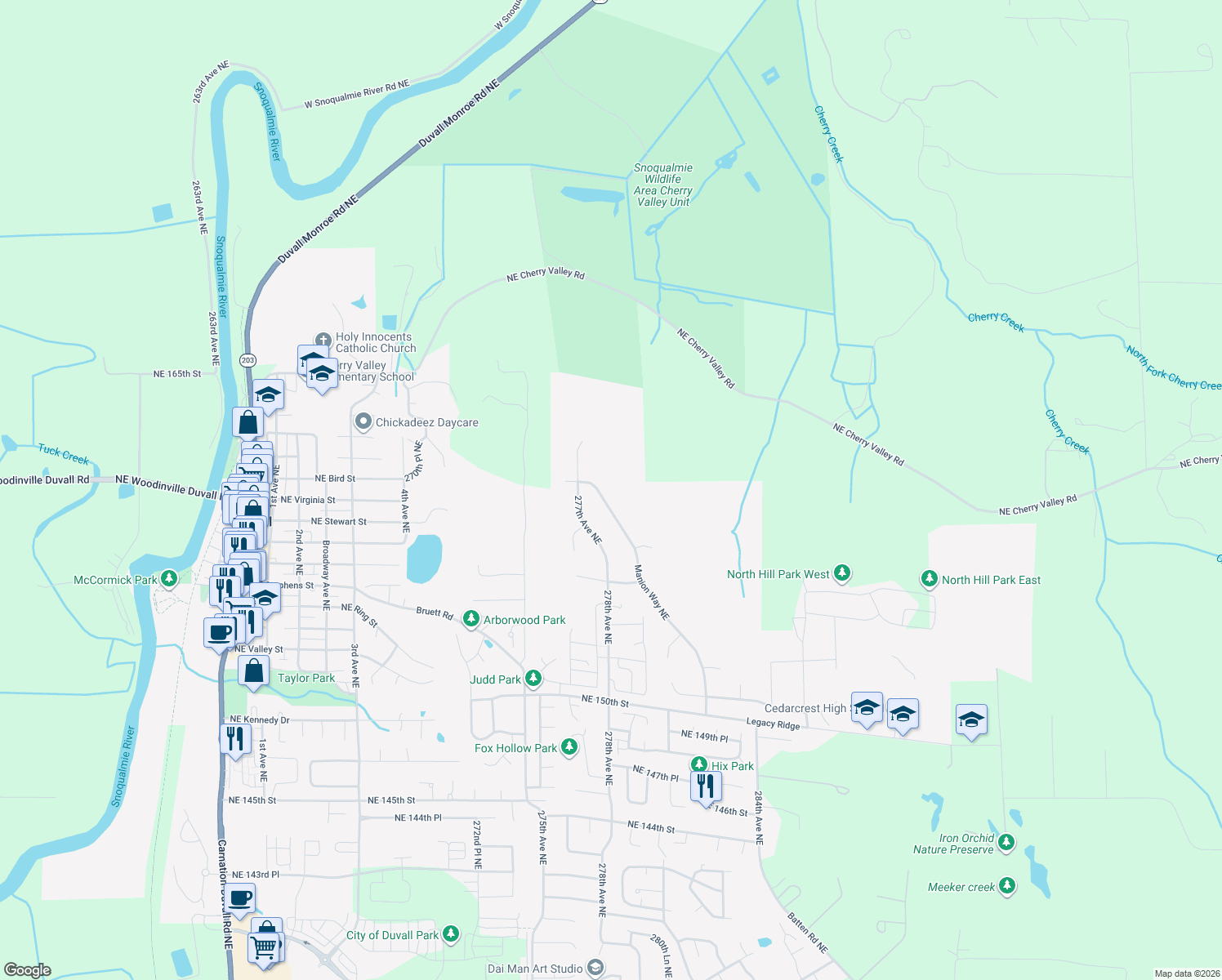 map of restaurants, bars, coffee shops, grocery stores, and more near 15920 Manion Way Northeast in Duvall