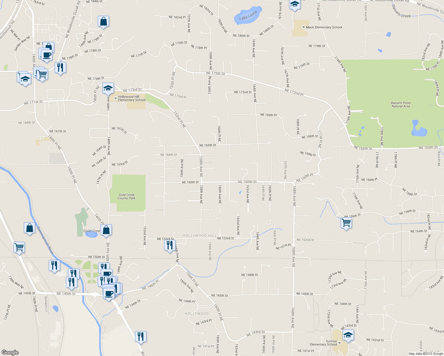 map of restaurants, bars, coffee shops, grocery stores, and more near 16006 Northeast 160th Street in Woodinville