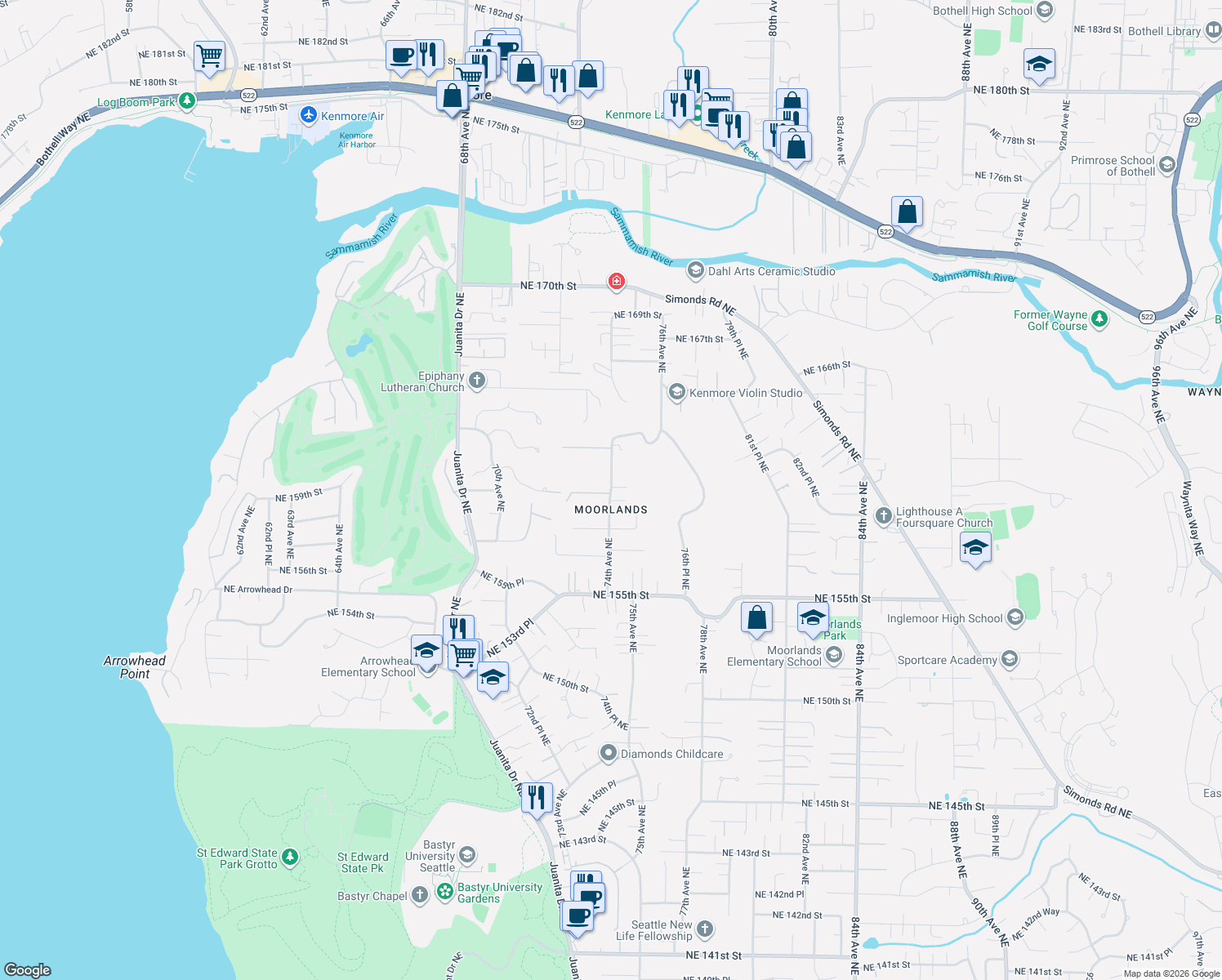 map of restaurants, bars, coffee shops, grocery stores, and more near 16005 74th Avenue Northeast in Kenmore