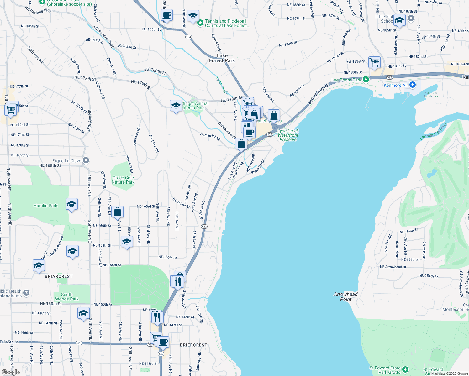 map of restaurants, bars, coffee shops, grocery stores, and more near 16508 Shore Drive Northeast in Lake Forest Park