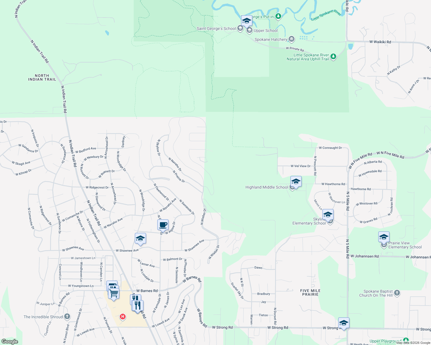 map of restaurants, bars, coffee shops, grocery stores, and more near 10211 North Wieber Drive in Spokane