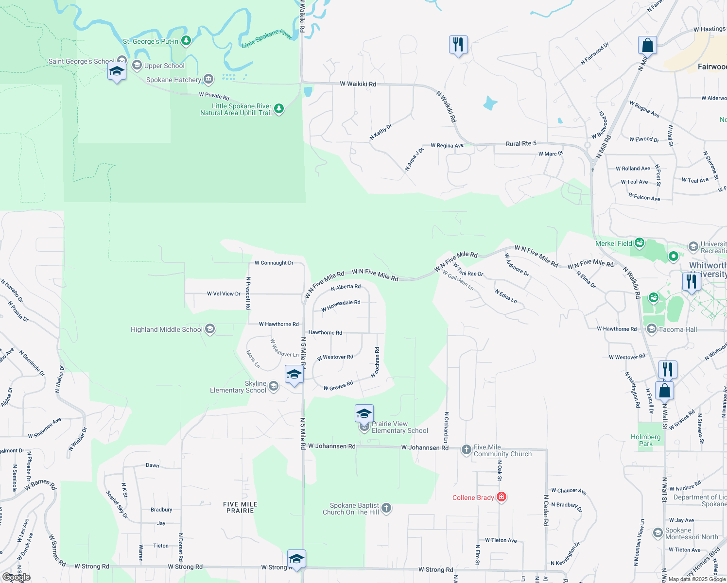 map of restaurants, bars, coffee shops, grocery stores, and more near 10521 North Alberta Road in Spokane