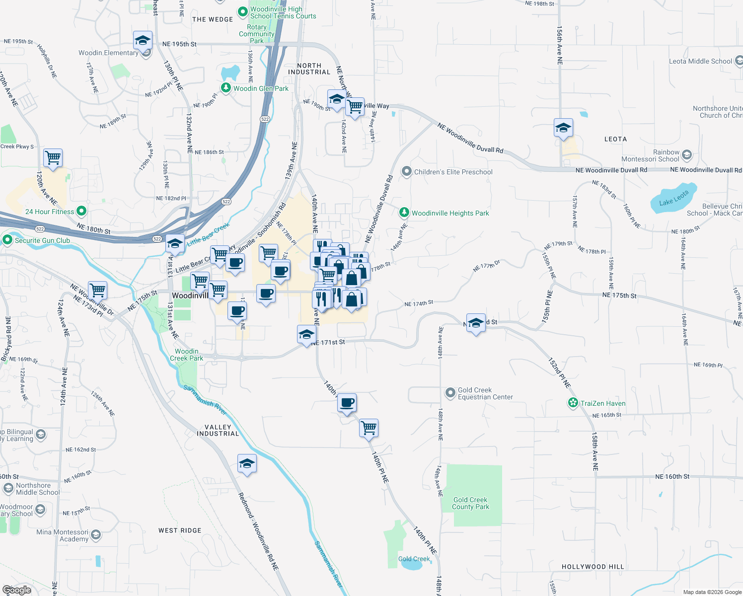 map of restaurants, bars, coffee shops, grocery stores, and more near 17423 143rd Place Northeast in Woodinville