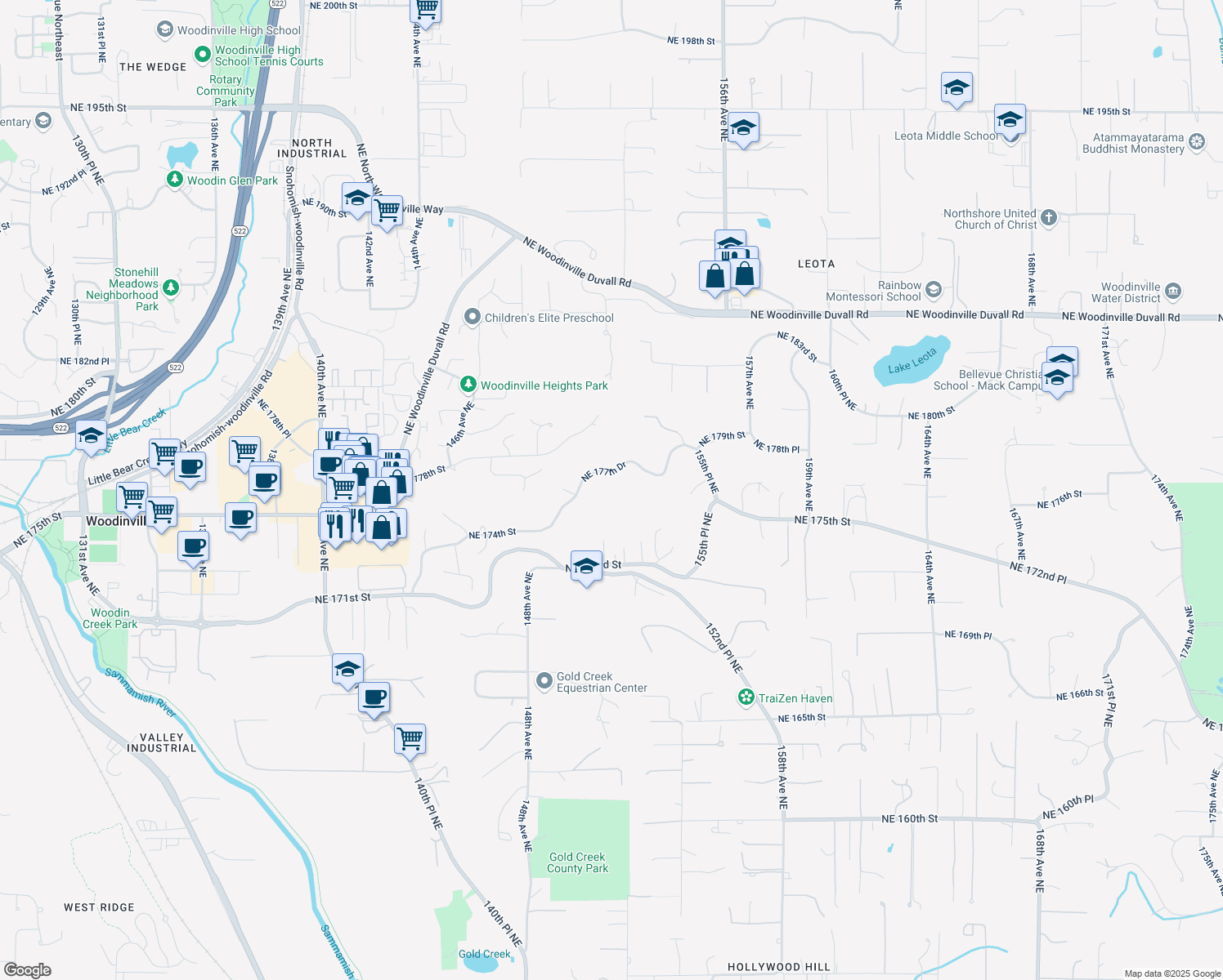 map of restaurants, bars, coffee shops, grocery stores, and more near 15115 NE 177th Dr in Woodinville