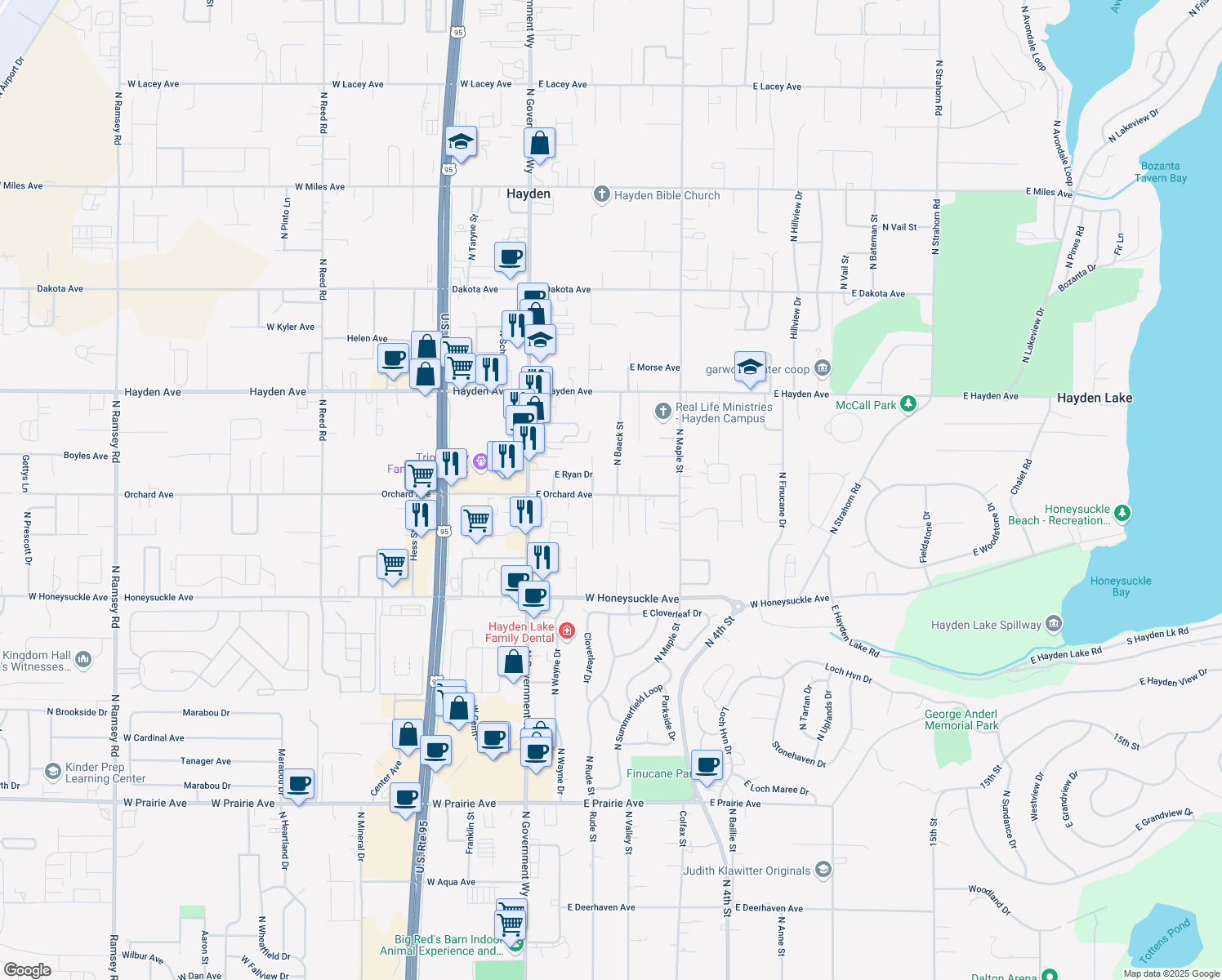 map of restaurants, bars, coffee shops, grocery stores, and more near 319 E Orchard Ave in Hayden