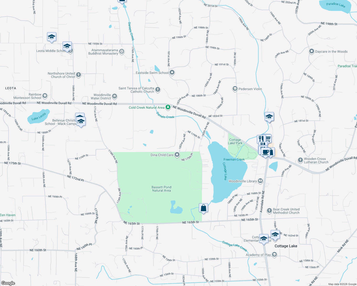 map of restaurants, bars, coffee shops, grocery stores, and more near 17807 182nd Avenue Northeast in Woodinville