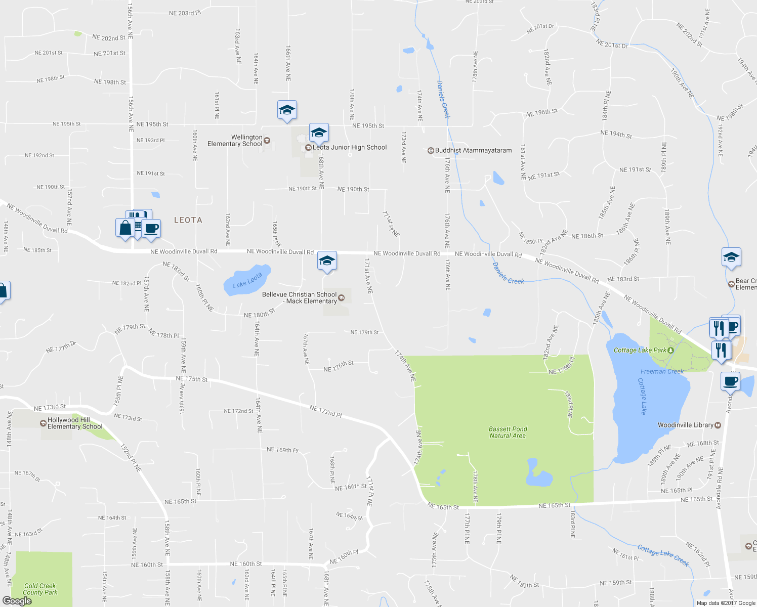 map of restaurants, bars, coffee shops, grocery stores, and more near 18022 171st Avenue Northeast in Woodinville