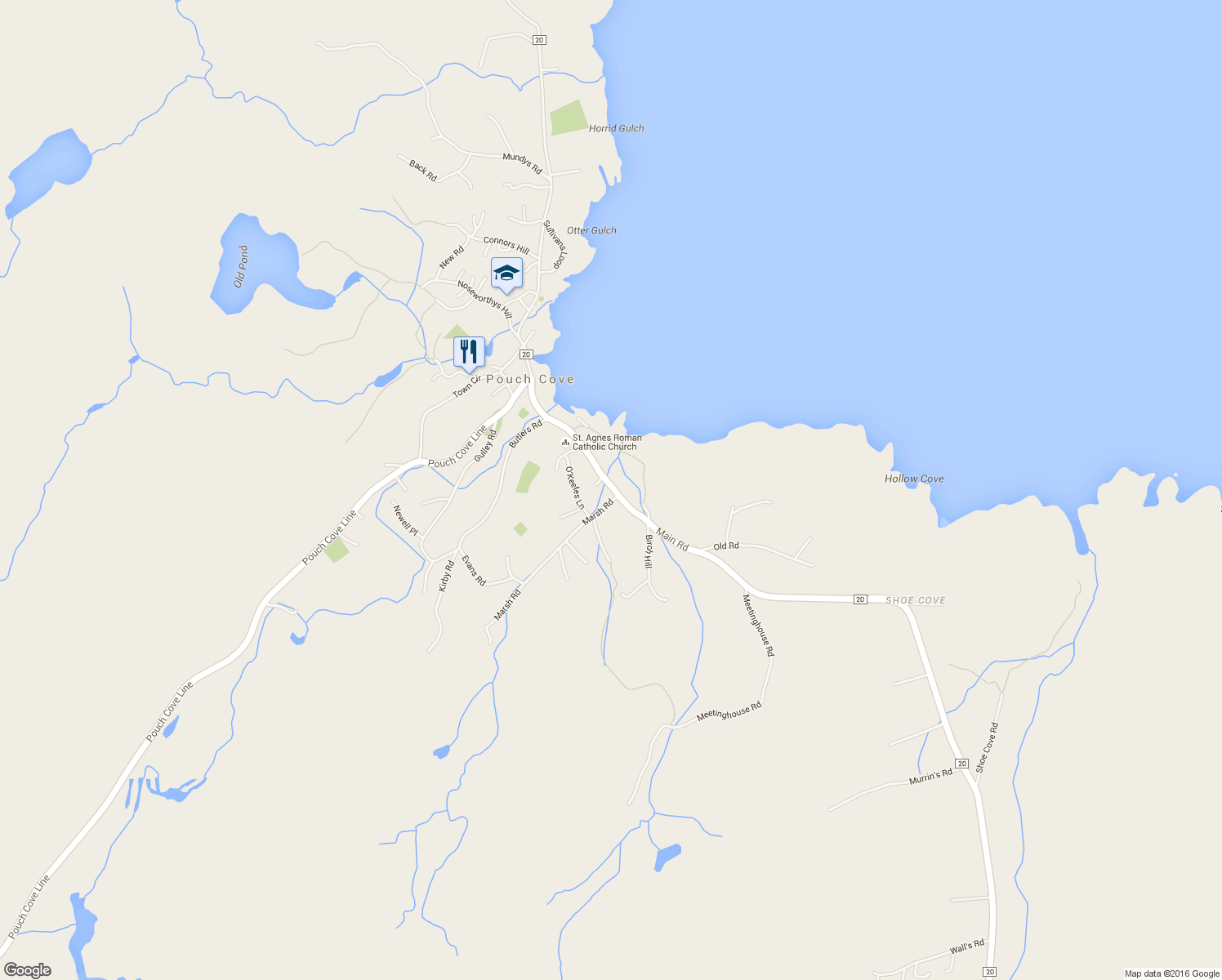map of restaurants, bars, coffee shops, grocery stores, and more near 589 Main Road in Pouch Cove