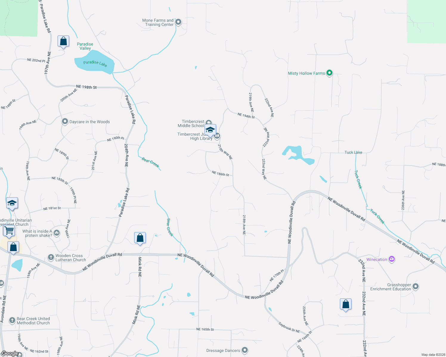map of restaurants, bars, coffee shops, grocery stores, and more near 21407 Northeast 186th Street in Woodinville