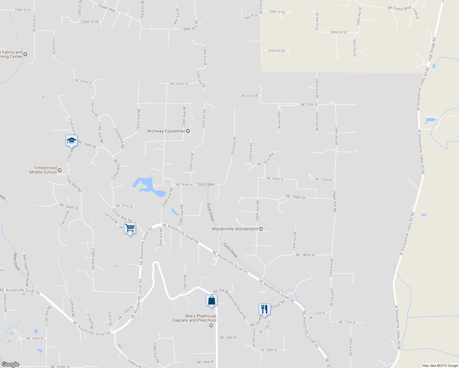 map of restaurants, bars, coffee shops, grocery stores, and more near 18904 233rd Avenue Northeast in Woodinville