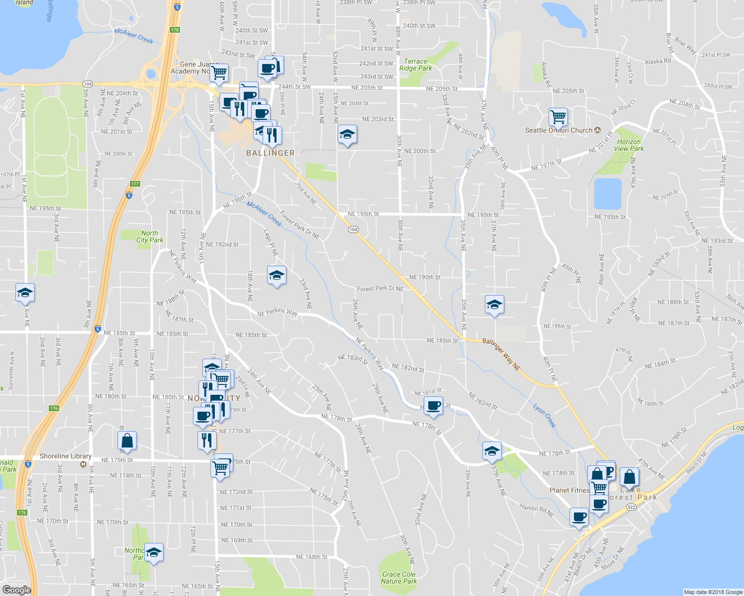 map of restaurants, bars, coffee shops, grocery stores, and more near 18949 Forest Park Drive Northeast in Lake Forest Park