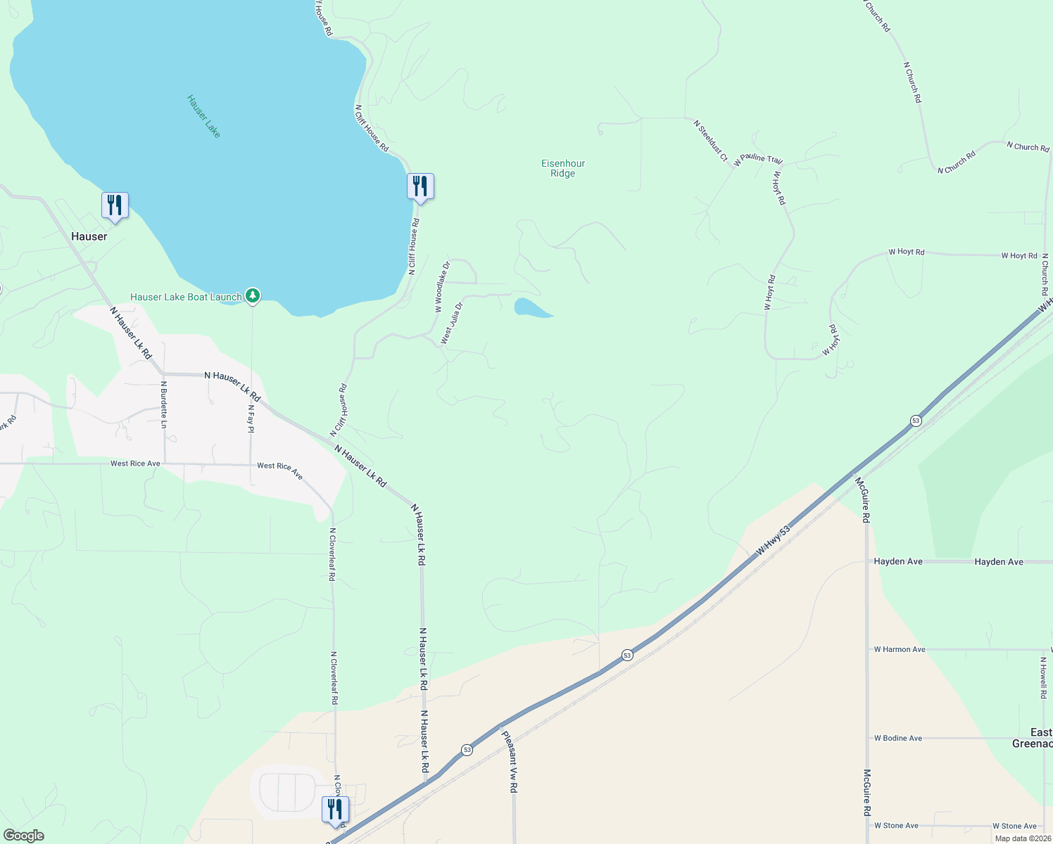 map of restaurants, bars, coffee shops, grocery stores, and more near 10825 North Payment Peak Road in Hauser