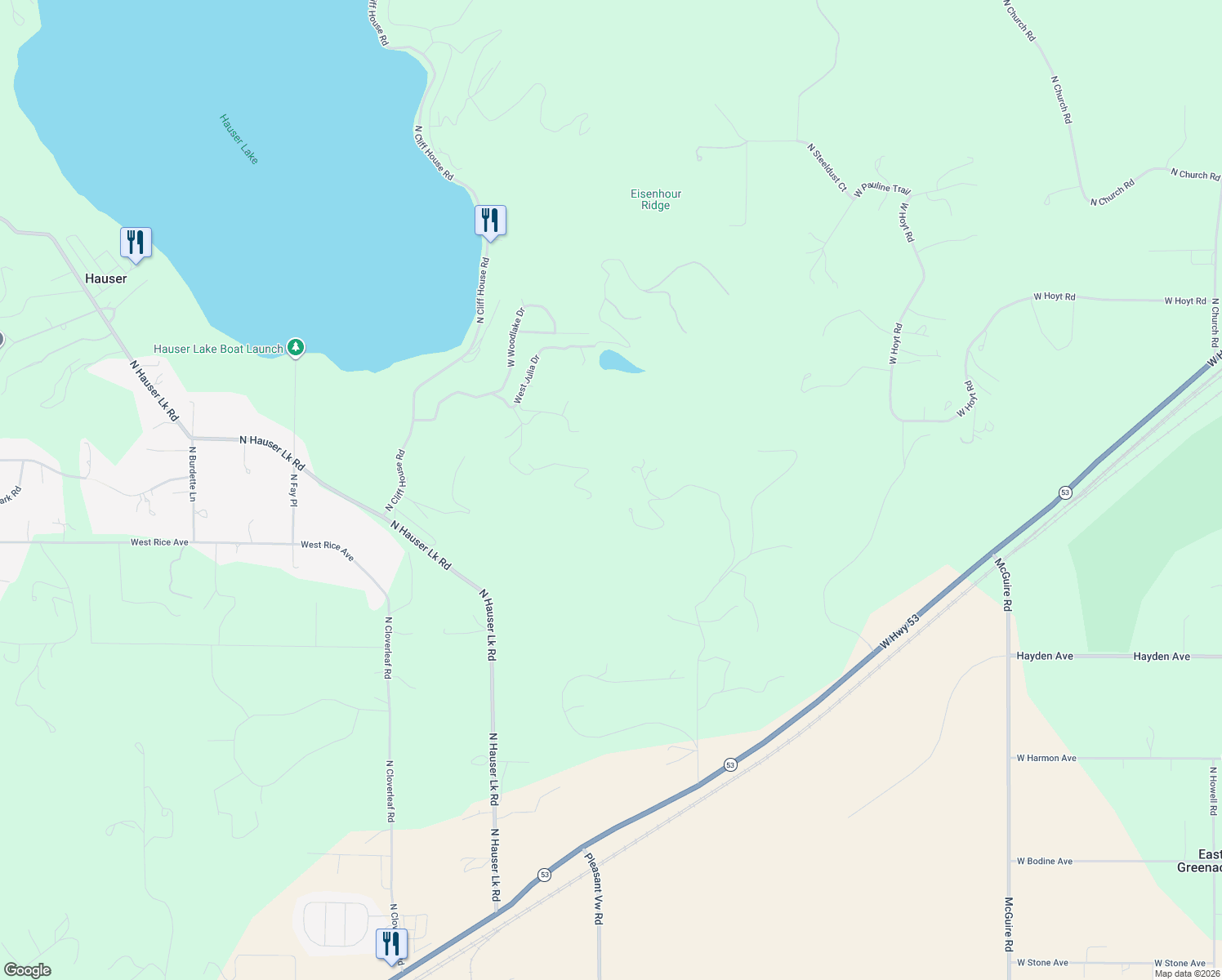 map of restaurants, bars, coffee shops, grocery stores, and more near 10825 North Payment Peak Road in Hauser