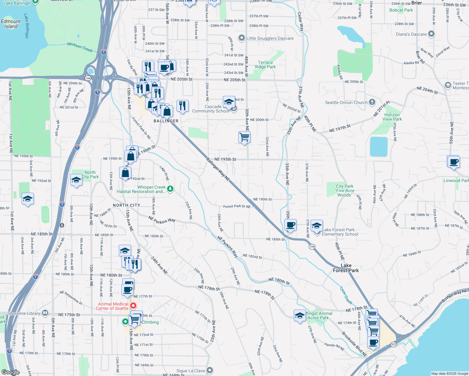 map of restaurants, bars, coffee shops, grocery stores, and more near 19119 Ballinger Way Northeast in Seattle