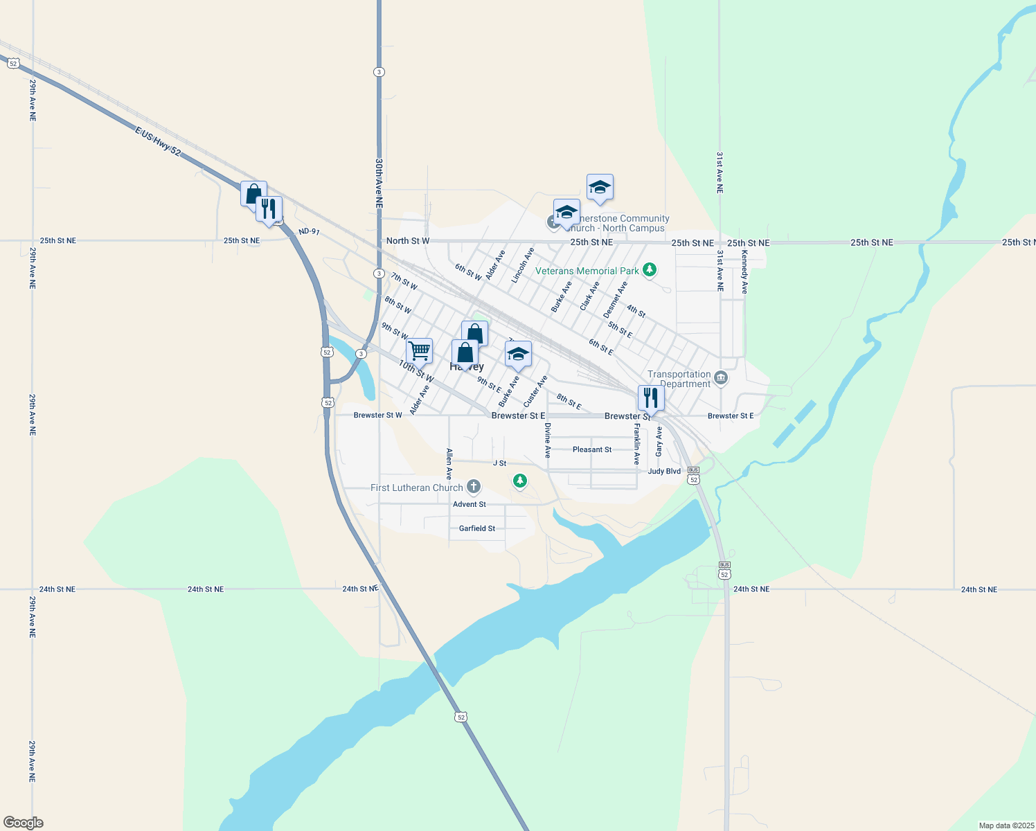 map of restaurants, bars, coffee shops, grocery stores, and more near 399 Brewster Street East in Harvey