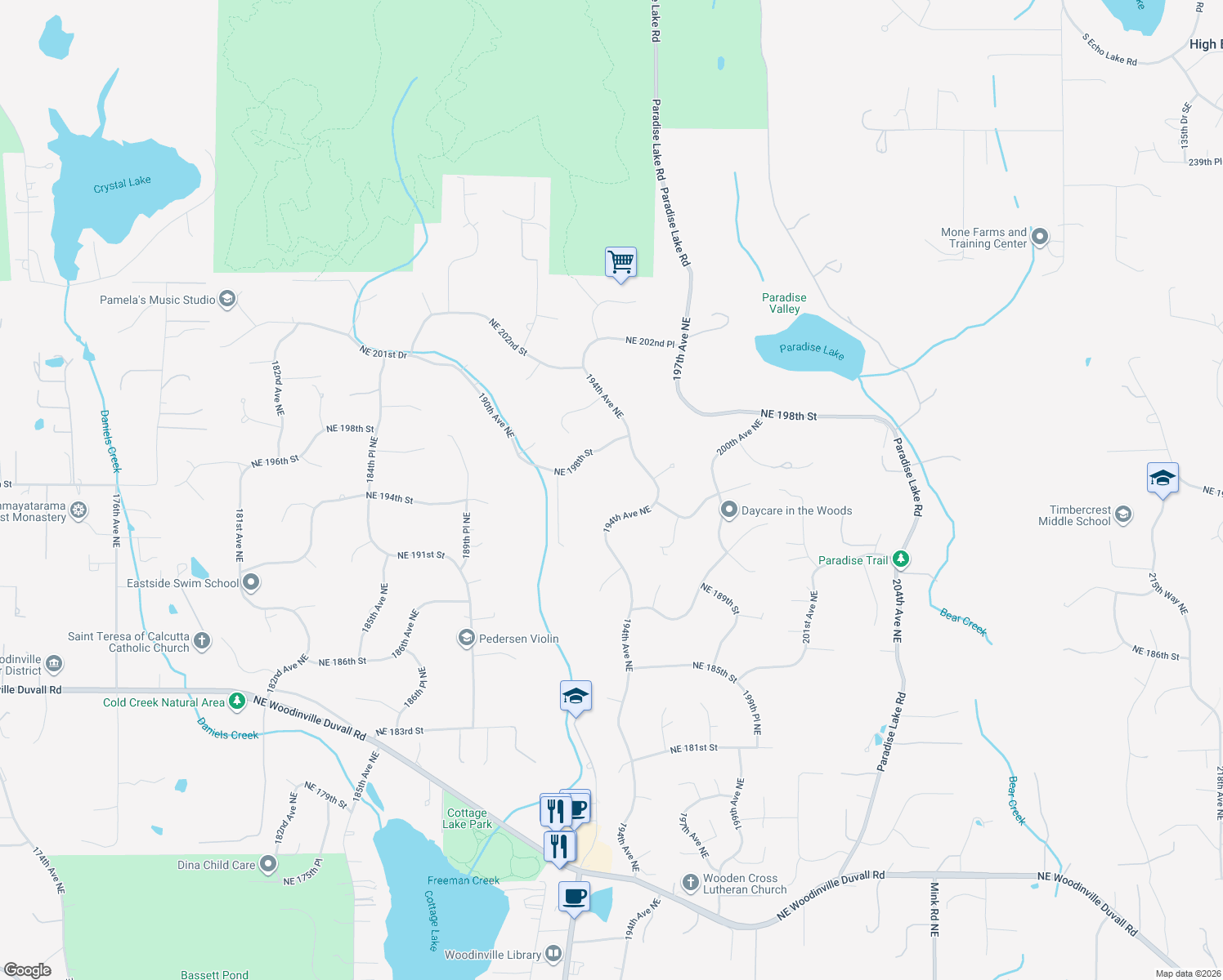 map of restaurants, bars, coffee shops, grocery stores, and more near 19215 194th Avenue Northeast in Woodinville