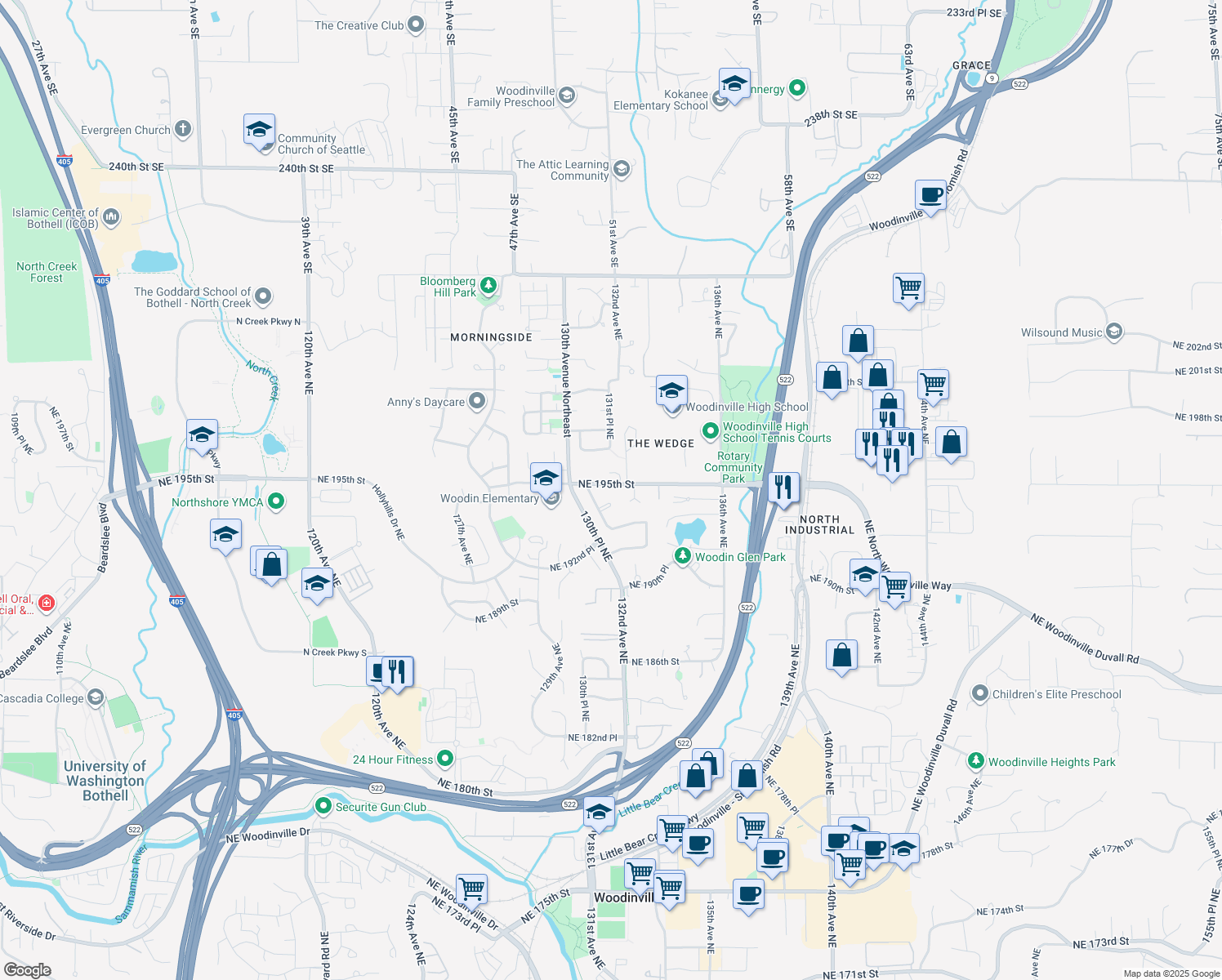map of restaurants, bars, coffee shops, grocery stores, and more near 13125 Northeast 195th Street in Woodinville