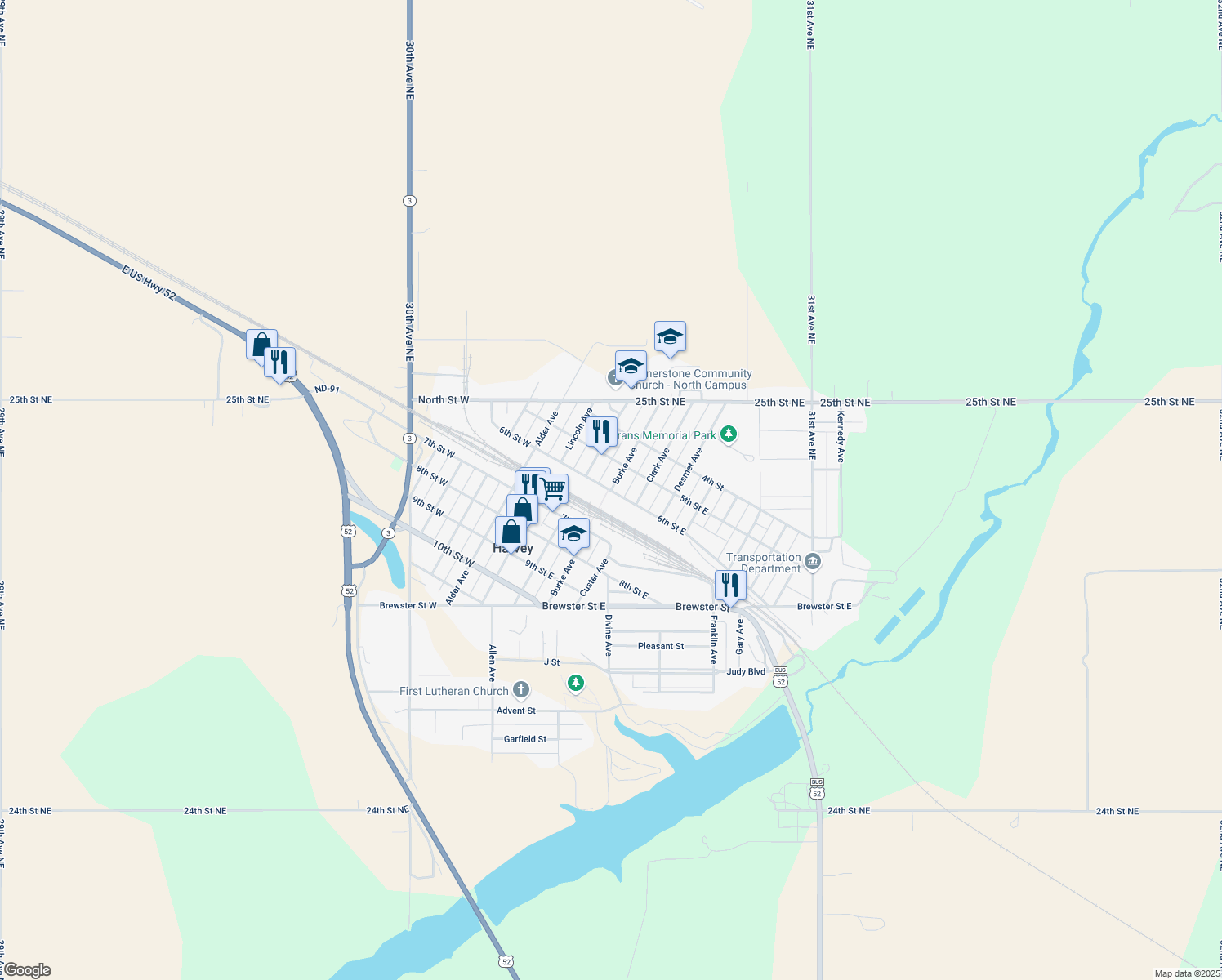 map of restaurants, bars, coffee shops, grocery stores, and more near 599 Burke Ave in Harvey