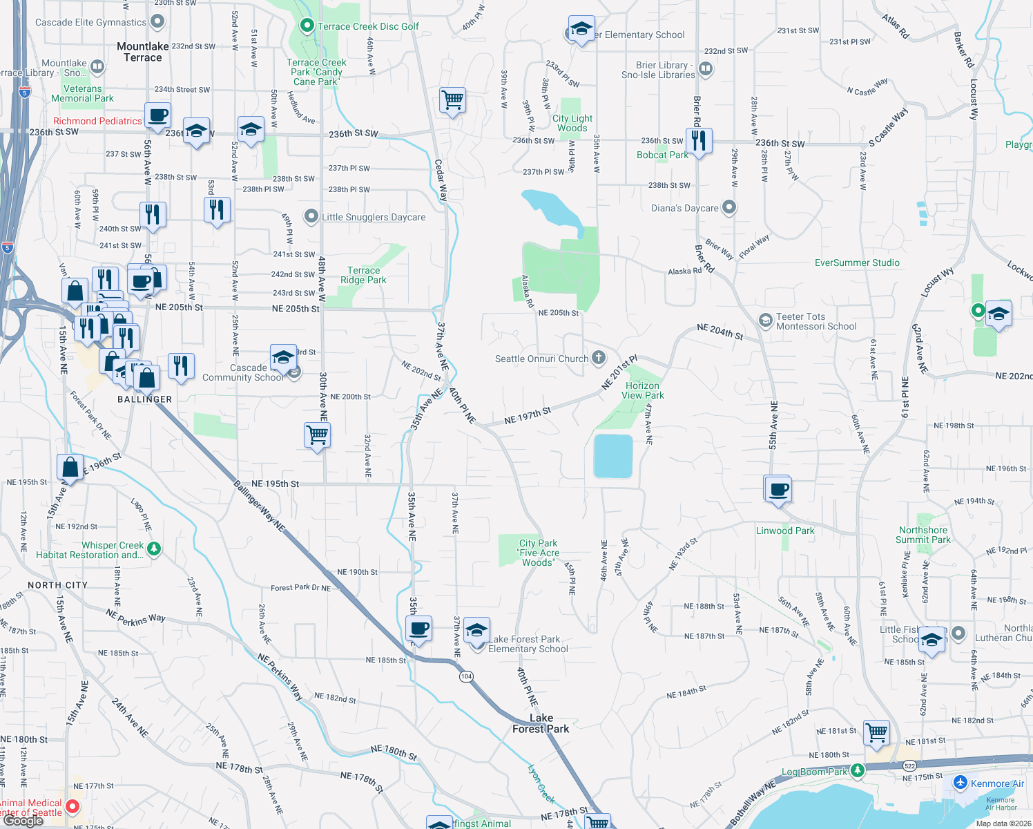 map of restaurants, bars, coffee shops, grocery stores, and more near 4050 Northeast 197th Street in Lake Forest Park