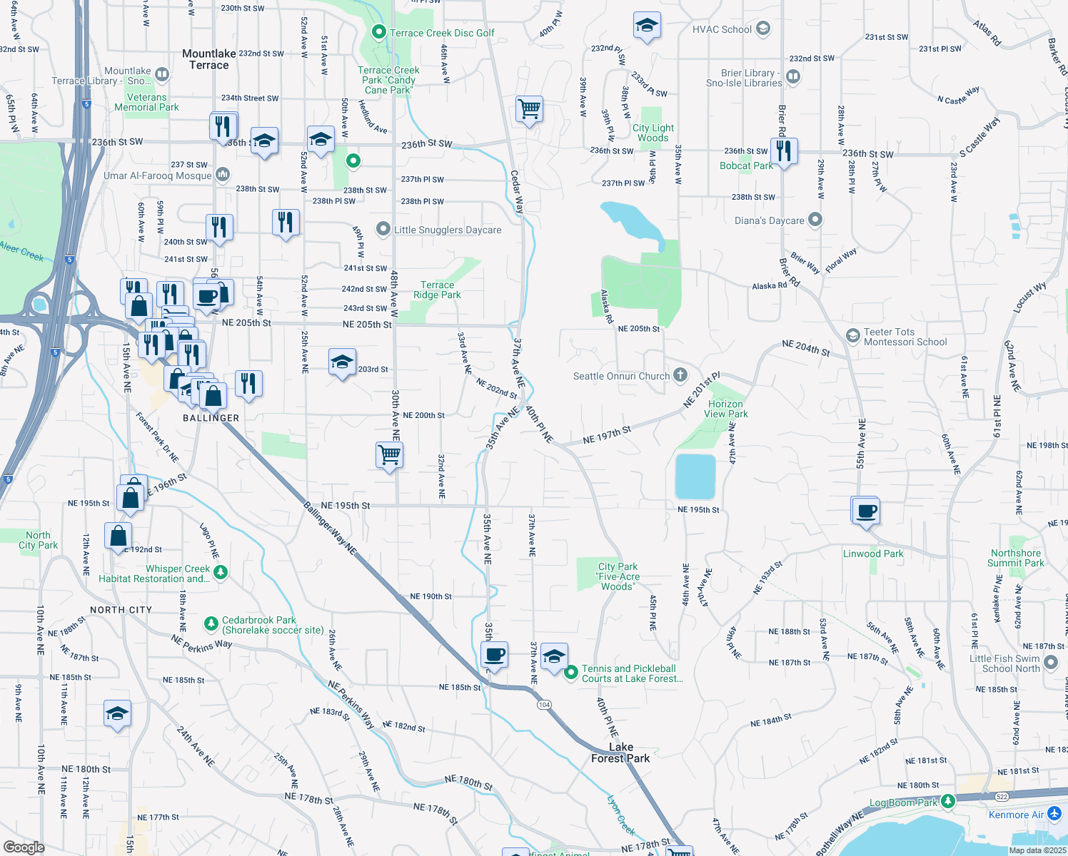 map of restaurants, bars, coffee shops, grocery stores, and more near 3936 Northeast 199th Street in Lake Forest Park