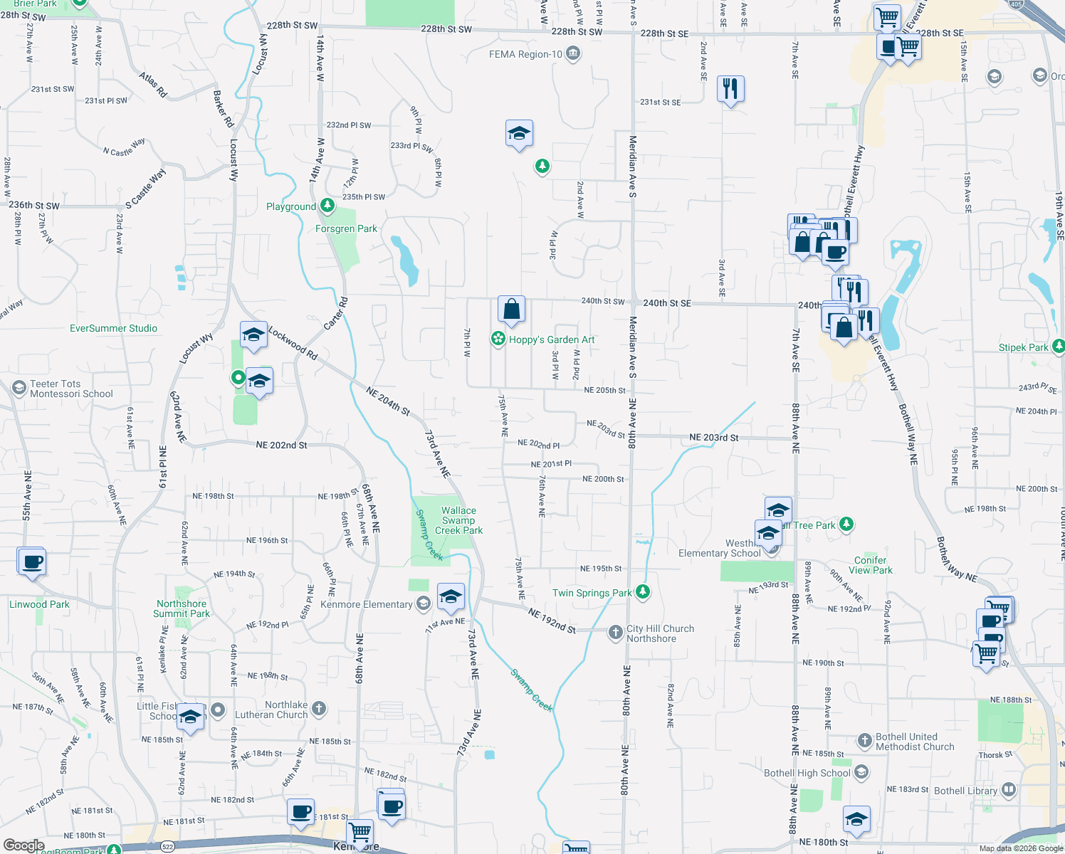 map of restaurants, bars, coffee shops, grocery stores, and more near 7535 Northeast 203rd Street in Kenmore