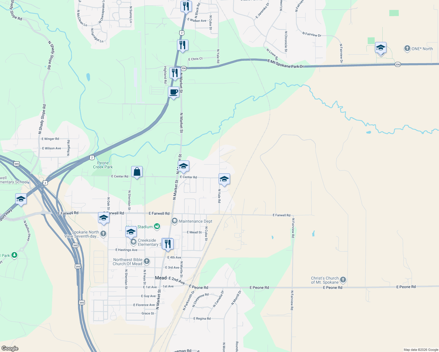map of restaurants, bars, coffee shops, grocery stores, and more near 13106 North Yale Road in Mead