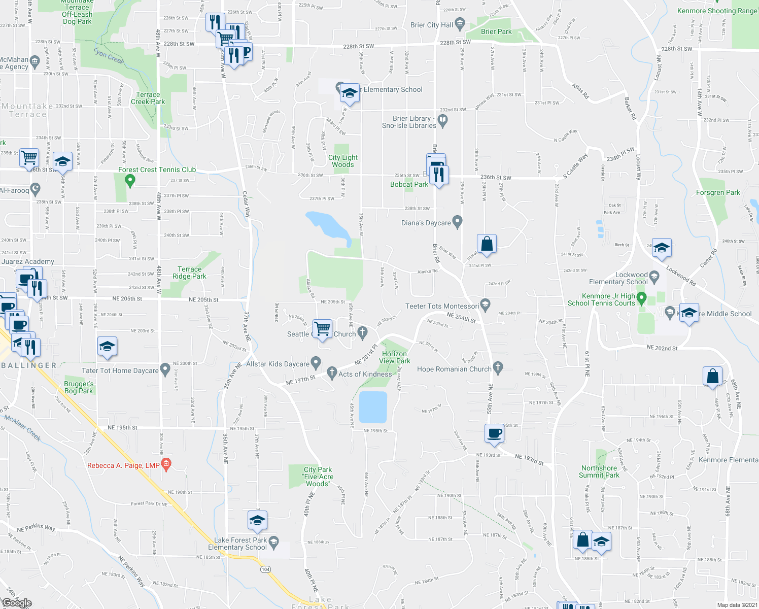 map of restaurants, bars, coffee shops, grocery stores, and more near 20331 46th Place Northeast in Lake Forest Park
