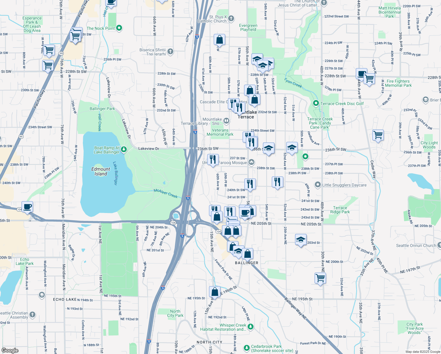 map of restaurants, bars, coffee shops, grocery stores, and more near 23809 60th Avenue West in Mountlake Terrace