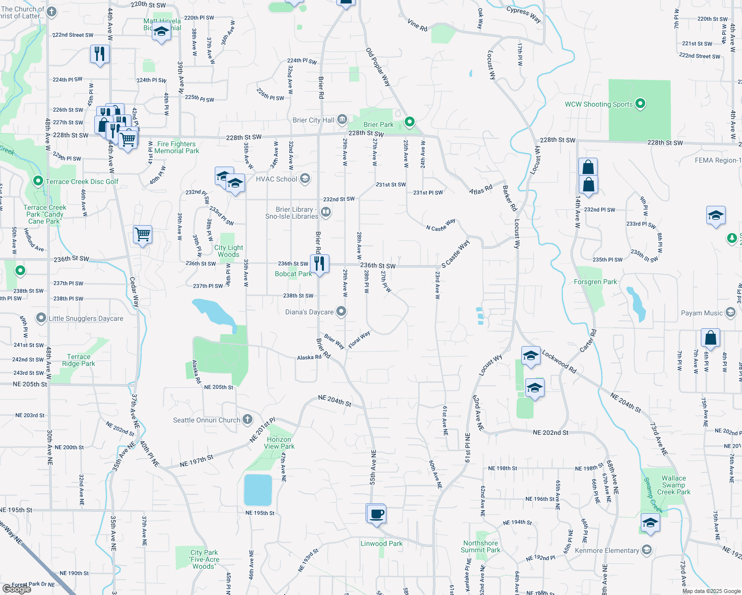 map of restaurants, bars, coffee shops, grocery stores, and more near 23823 28th Place West in Brier