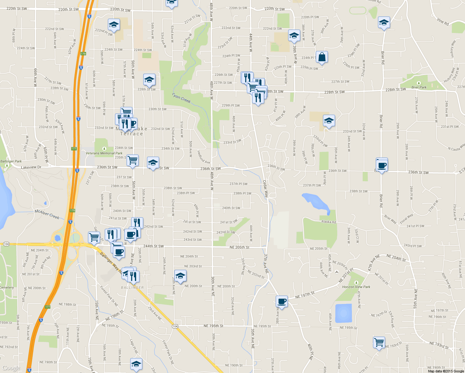 map of restaurants, bars, coffee shops, grocery stores, and more near 4510 237th Place Southwest in Mountlake Terrace