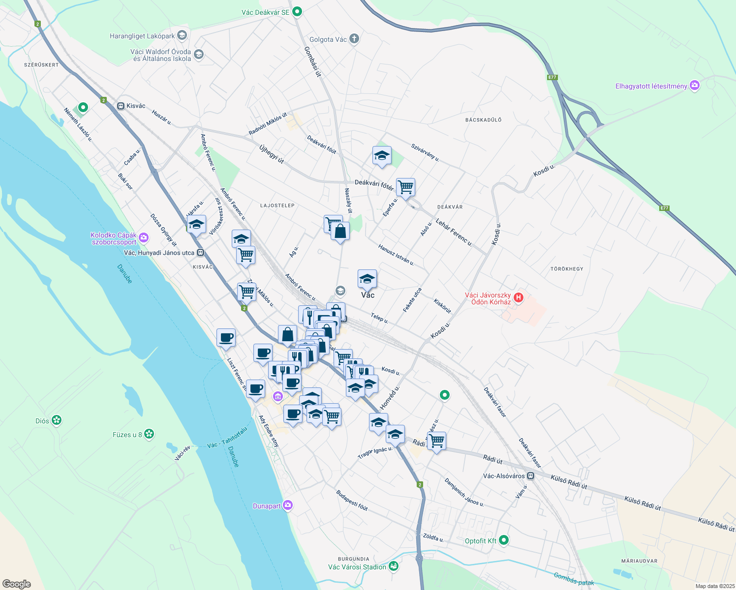 map of restaurants, bars, coffee shops, grocery stores, and more near in Vác