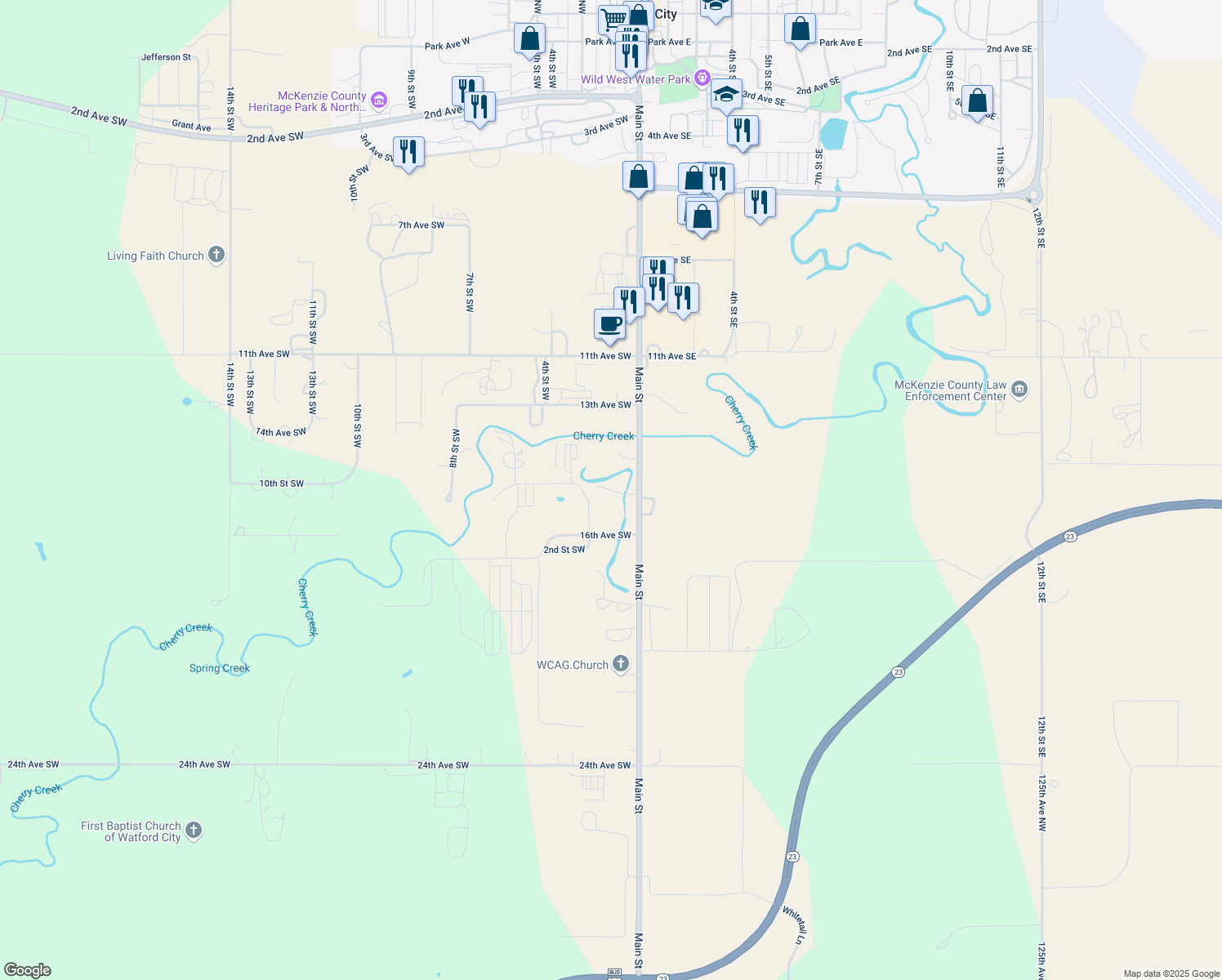 map of restaurants, bars, coffee shops, grocery stores, and more near 1401 Main Street in Watford City