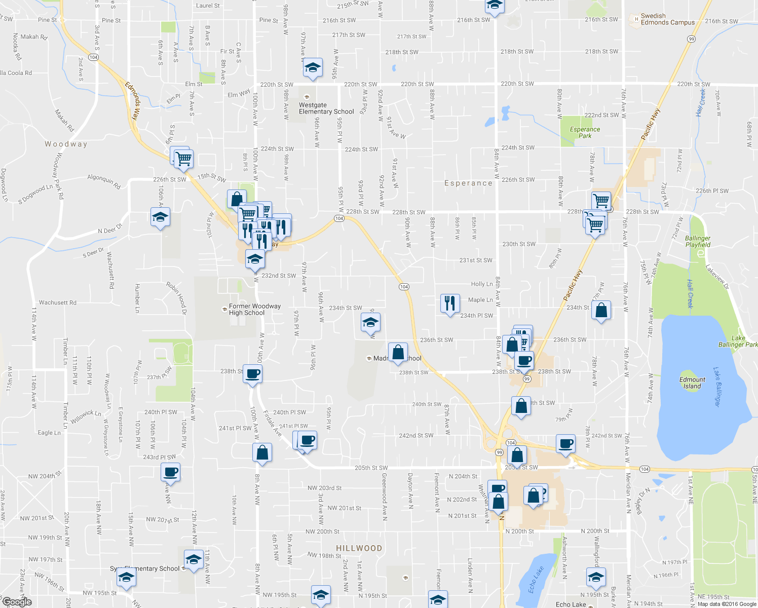 map of restaurants, bars, coffee shops, grocery stores, and more near 9204 234th Place Southwest in Edmonds
