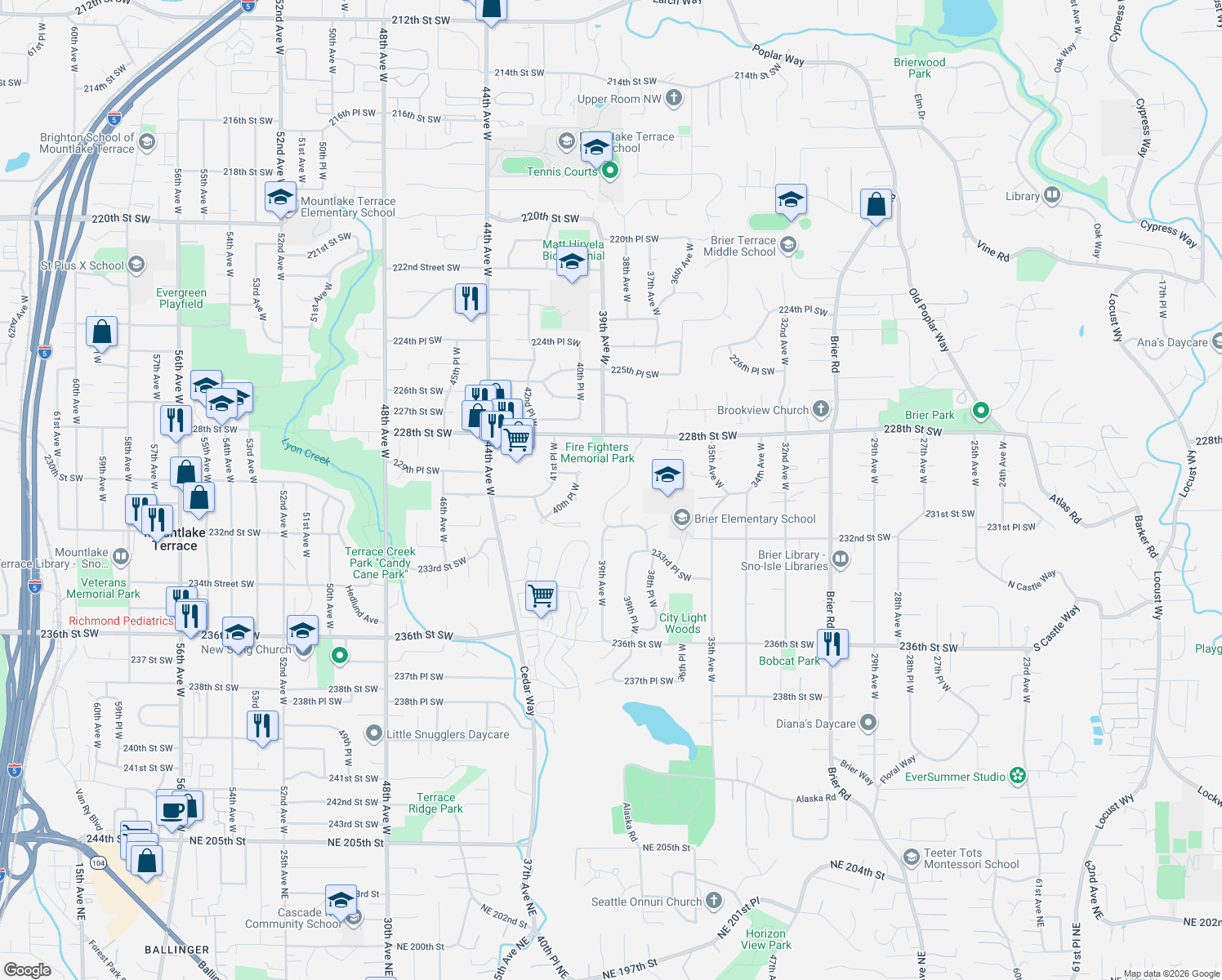 map of restaurants, bars, coffee shops, grocery stores, and more near 23010 39th Avenue West in Brier