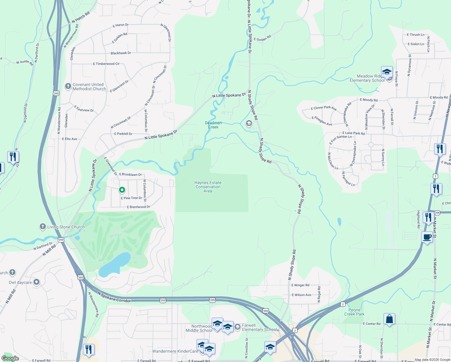 map of restaurants, bars, coffee shops, grocery stores, and more near 1712 E Leona Dr in Spokane