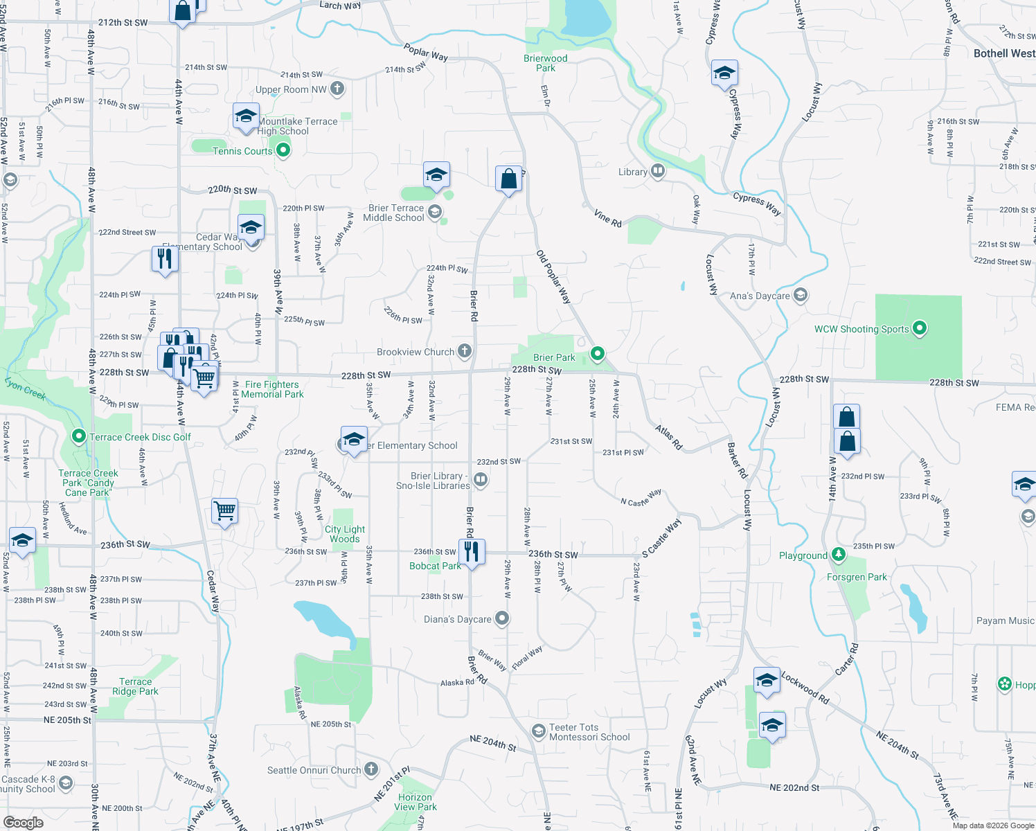 map of restaurants, bars, coffee shops, grocery stores, and more near 22931 29th Avenue West in Brier