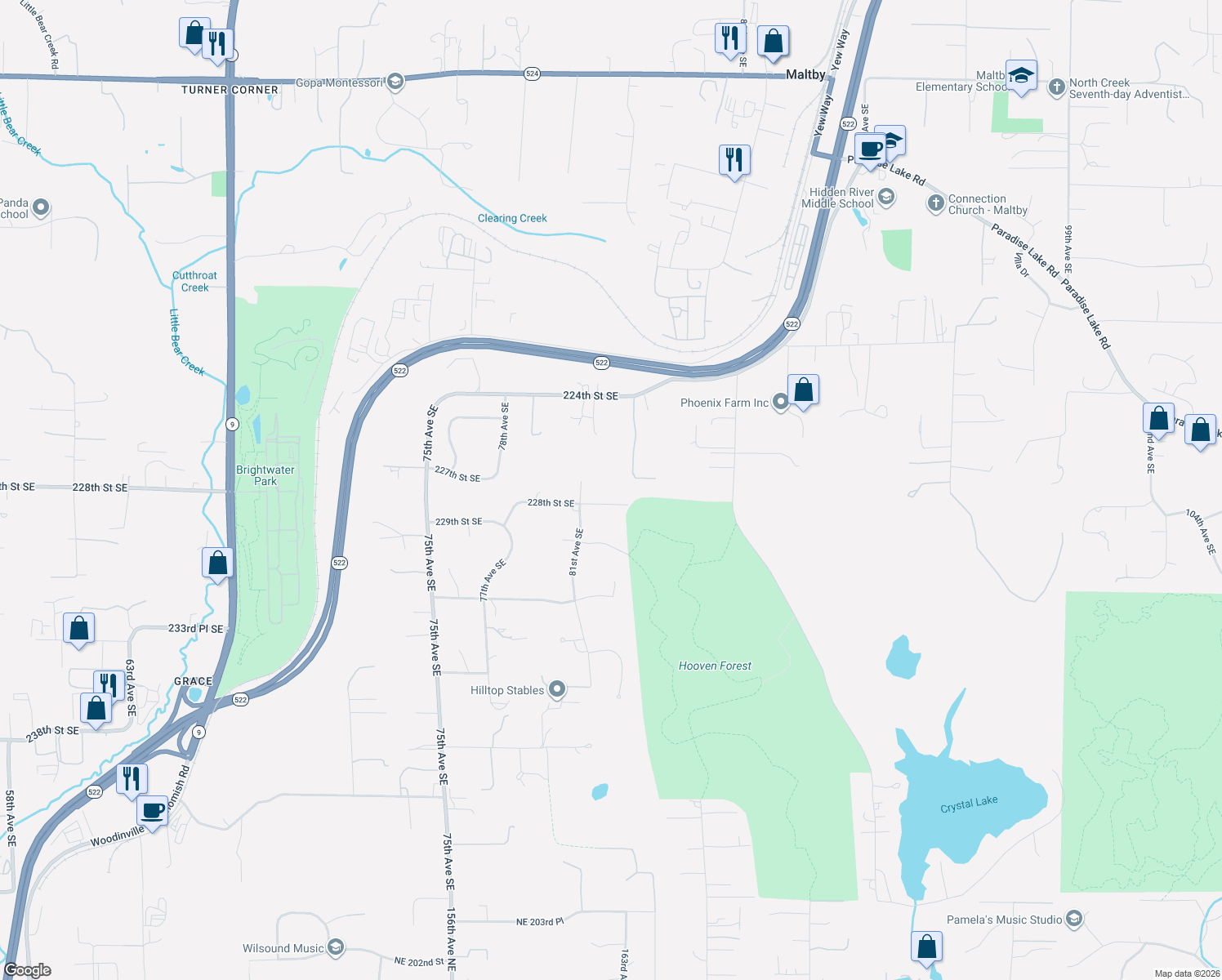 map of restaurants, bars, coffee shops, grocery stores, and more near 8207 228th Street Southeast in Woodinville