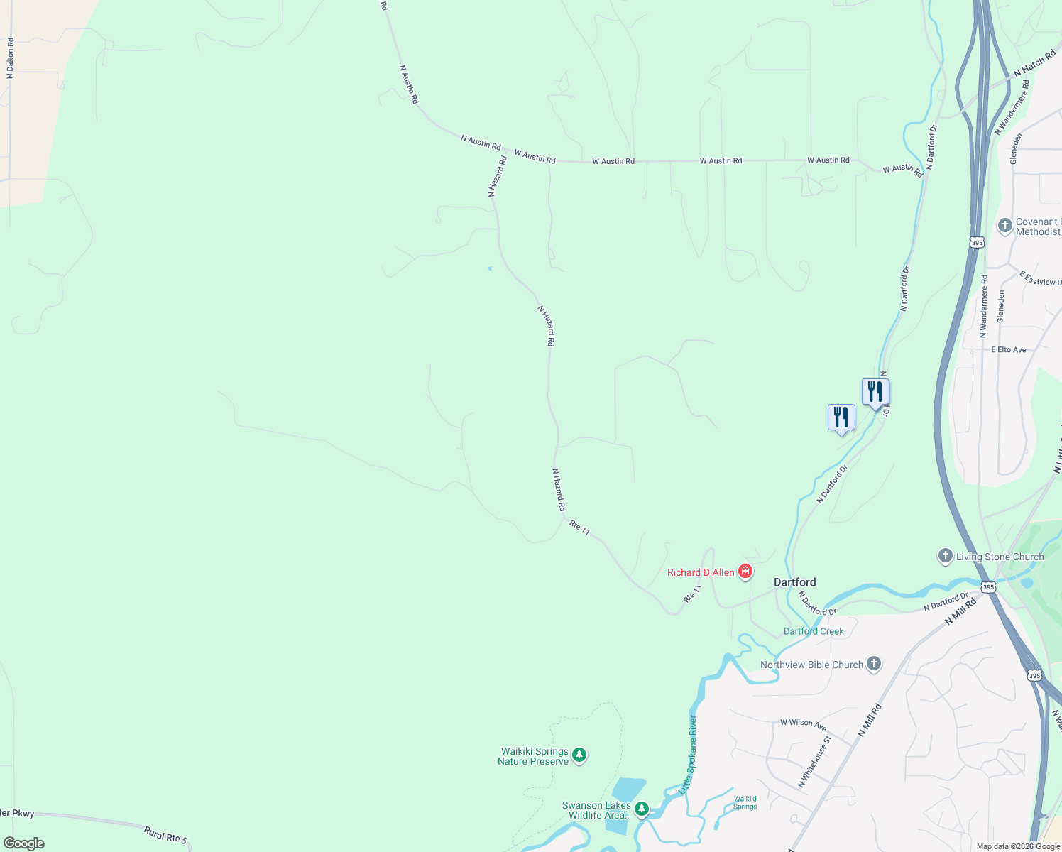 map of restaurants, bars, coffee shops, grocery stores, and more near 14707 North Hazard Road in Spokane