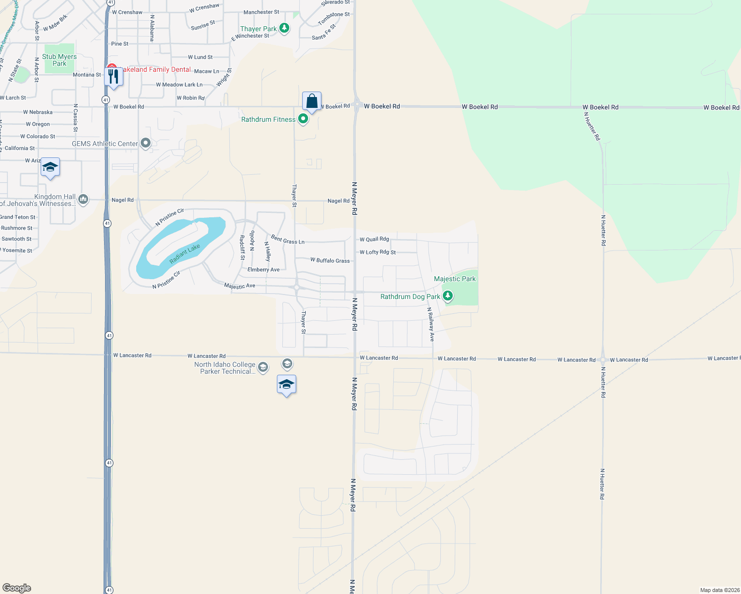 map of restaurants, bars, coffee shops, grocery stores, and more near 6304 West Majestic Avenue in Rathdrum