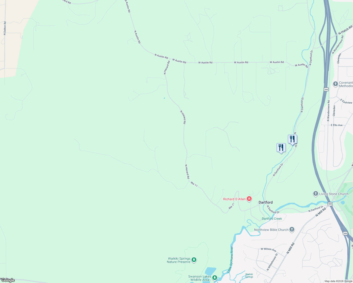 map of restaurants, bars, coffee shops, grocery stores, and more near 14707 North Hazard Road in Spokane