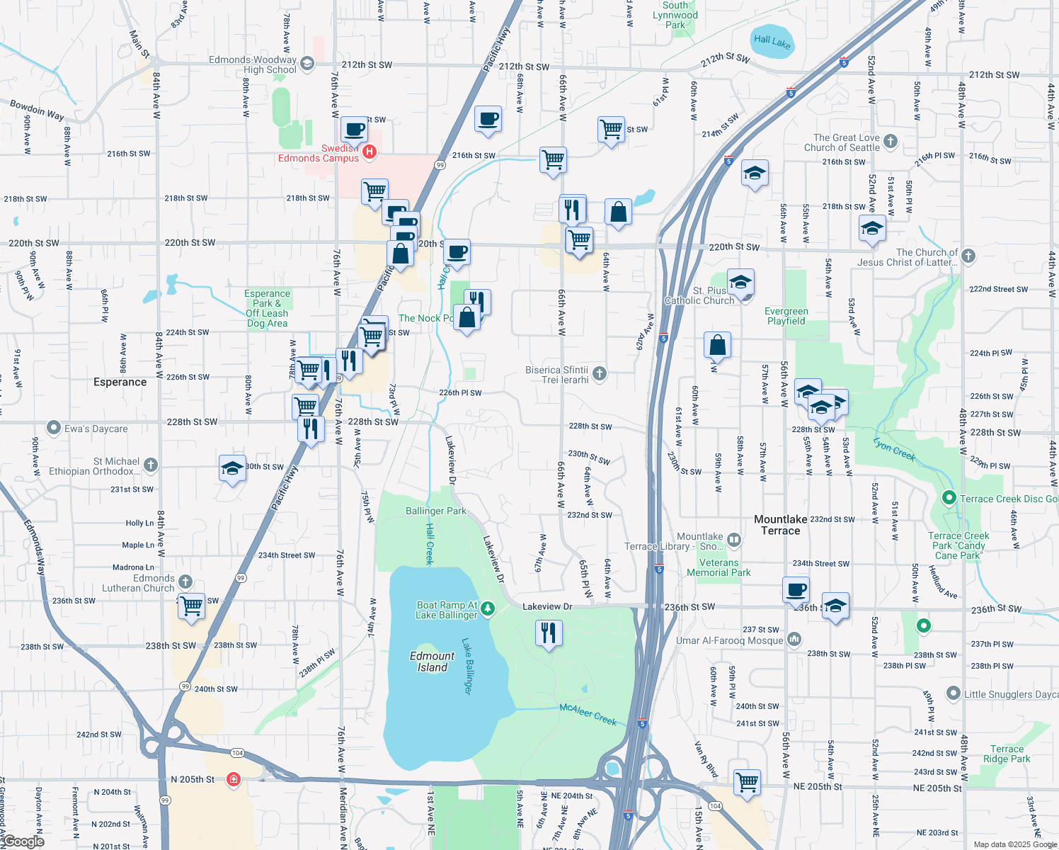 map of restaurants, bars, coffee shops, grocery stores, and more near 6710 228th Street Southwest in Mountlake Terrace