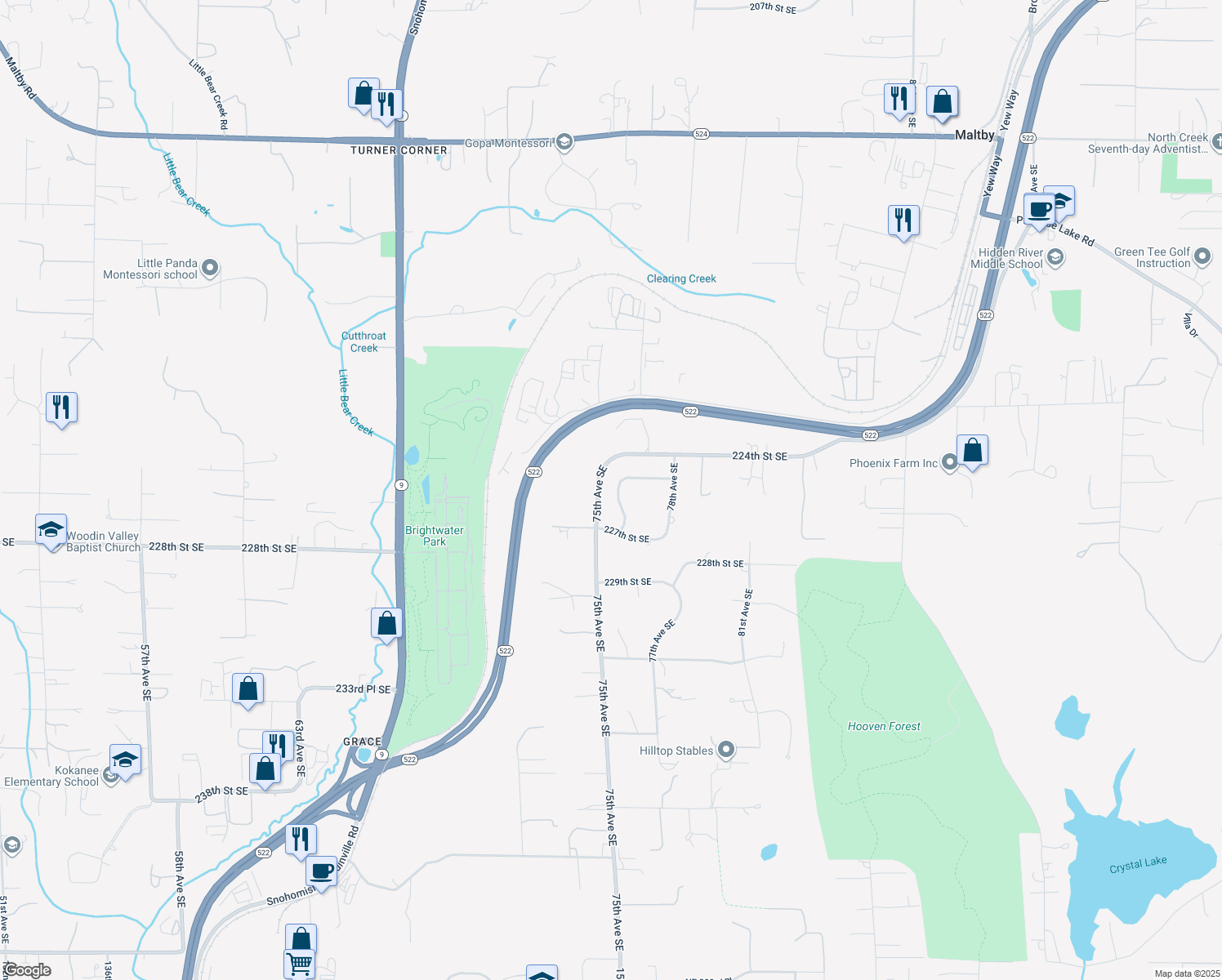 map of restaurants, bars, coffee shops, grocery stores, and more near 22512 76th Avenue Southeast in Woodinville