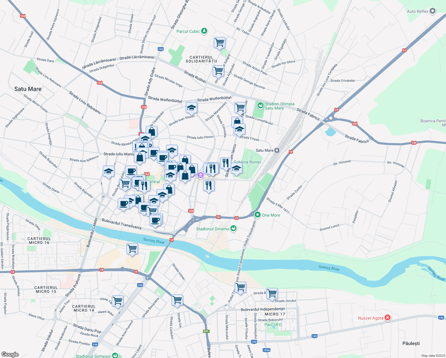 map of restaurants, bars, coffee shops, grocery stores, and more near in Satu Mare