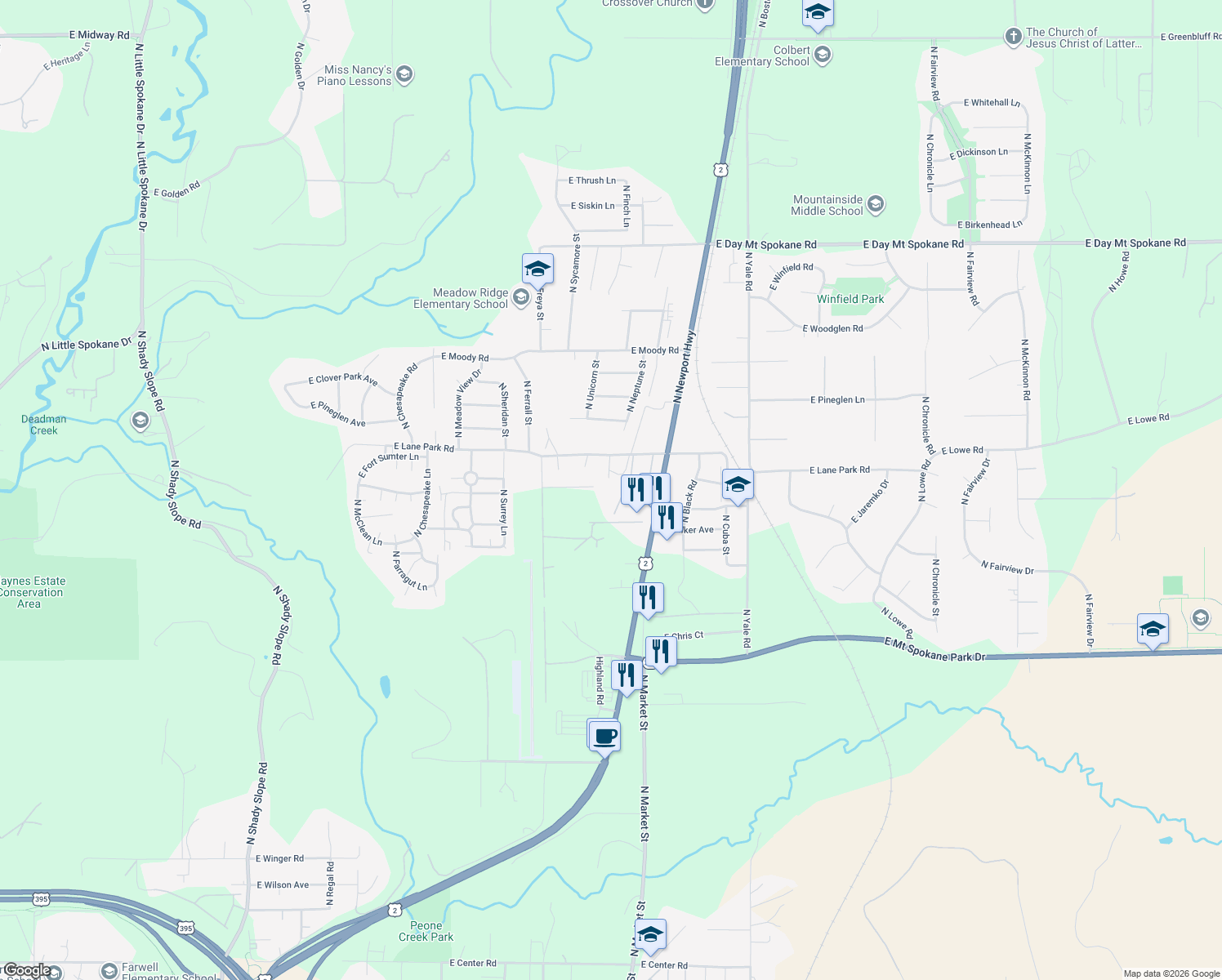 map of restaurants, bars, coffee shops, grocery stores, and more near 14920 North Neptune Lane in Mead