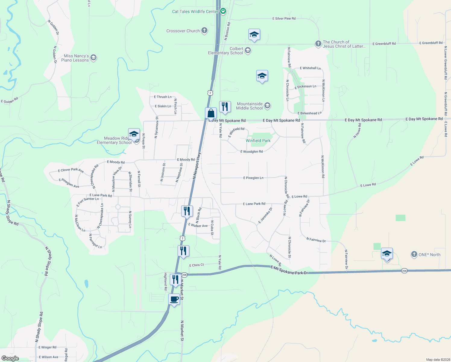 map of restaurants, bars, coffee shops, grocery stores, and more near 4316 East Pineglen Lane in Mead